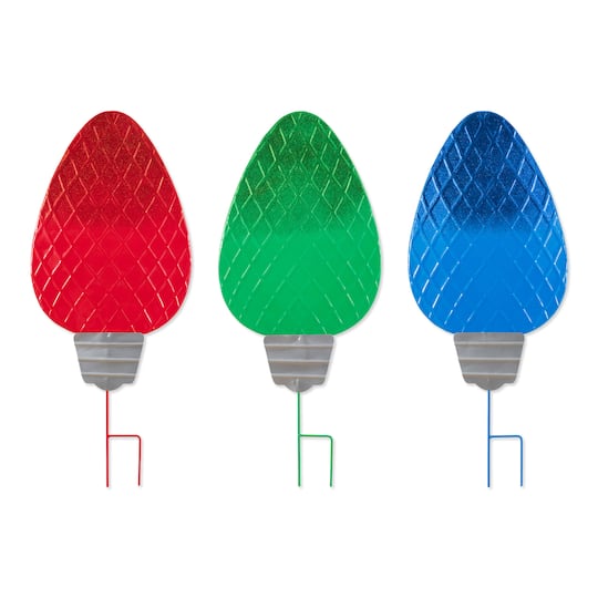 Michaels, Glitzhome® 23.5" Set of 3 Christmas Metal Red, Green & Blue Bulbs Yard Stake – Category: Christmas Yard Decorations